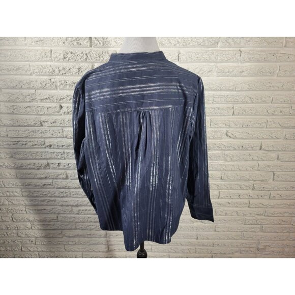 Ana Womens Top 3X Plus Long Sleeve Button Up Blue Silver Metallic STR107E - Picture 6 of 11